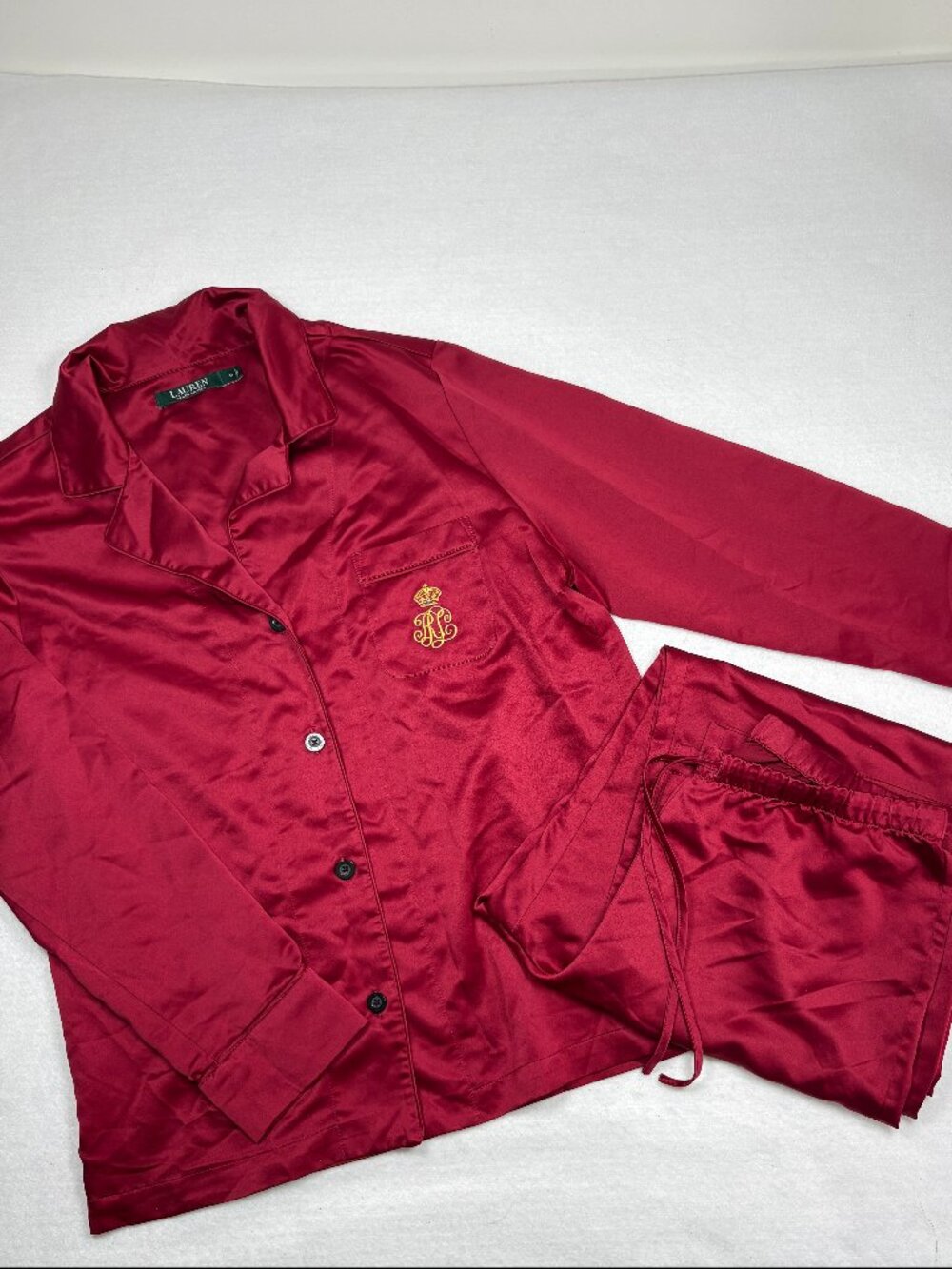 Lauren Ralph Lauren Burgundy Wine Satin Long Sleeve PJ Set Preppy Quiet Luxury M